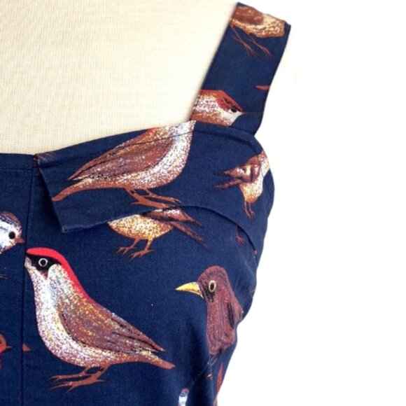 Handmade bird print swing dress rockabilly cotton sundress navy flowers 10, M/L - Picture 4 of 5